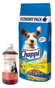 CHAPPI 13,5 kg - suché krmivo pre psov s hydinou a zeleninou & LAB V Lososový olej pre psov a mačky 1000ml