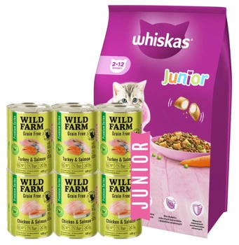 WHISKAS Junior chicken 14kg & WILD FARM Premium Grain Free Morčacie a lososové / Kuracie a lososové Junior 12x400g - krmivo bez obilnín pre mačiatka
