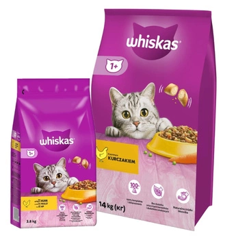 Whiskas s kuracím mäsom 14 kg & WHISKAS Adult 3,8 kg - suché krmivo pre dospelé mačky, s lahodným kuracím mäsom
