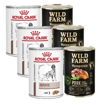 Royal Canin VD Canine Hepatic 3x420 g & WILD FARM Monoproteínové bravčové mäso 3x400g hypoalergénne krmivo pre psov