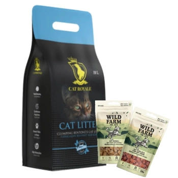 Cat Royale Prírodný bentonitový štrk 10l & WILD FARM MIX OF FLAVORS 2x50g maškrta pre mačky