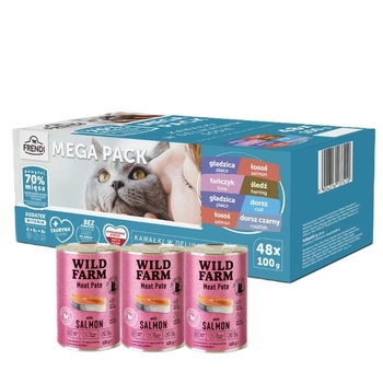 Frendi kapsičky pre mačky s rybacou príchuťou v omáčke 48x100g + WILD FARM paštéta z lososa 3x400g - bezlepkové krmivo pre mačky