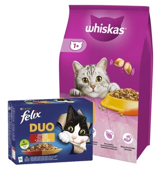Whiskas s kuracím mäsom 14 kg & FELIX Duo vidiecke príchute v želé 12x85g