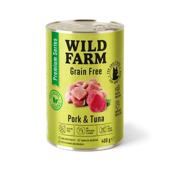 WILD FARM Prémiové bezobilné bravčové mäso a tuniak 400g - krmivo pre mačky bez obilnín