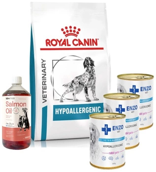 Royal Canin Veterinary Health Nutrition Dog Hypoallergenic 14 kg & ENZO VET Hypoalergénne hypoalergénne krmivo s králikom pre psov 3x400g & LAB V Lososový olej pre psov a mačky 1000ml