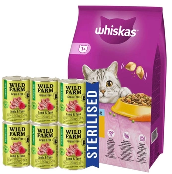 Whiskas Adult Sterile Chicken 14 kg & WILD FARM Prémiové bezobilné jahňacie a tuniakové krmivo 6x400 g - bezobilné krmivo pre sterilizované mačky