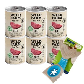 Wild Farm Pate Beef 6x400g bezlepkové krmivo pre psov & Žuvacia hračka pre psov - kosť 18 cm (náhodný vzor)