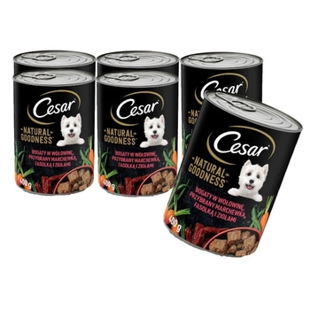 CESAR konzerva 6x400g - kompletné mokré krmivo pre dospelých psov, bohaté na hovädzie mäso, zdobené mrkvou, fazuľou a bylinkami