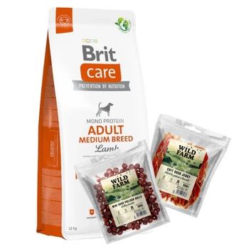 BRIT CARE Dog Hypoallergenic Adult Medium Breed Lamb 12kg & WILD FARM Mix príchutí 2x500g