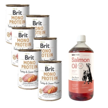 Brit Mono Protein Turkey & Sweet Potato 6x400 g & LAB V Lososový olej pre psov a mačky 1000ml