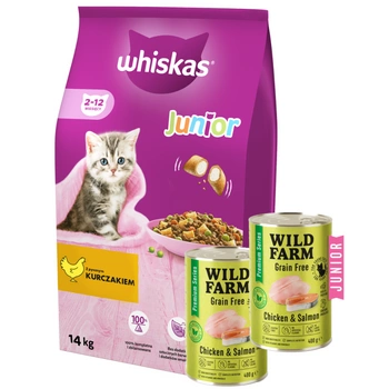 WHISKAS Junior chicken 14kg + WILD FARM Premium Grain Free Chicken and Salmon Junior 2x400g
