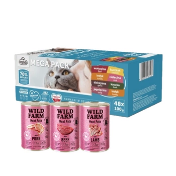 Frendi kapsičky pre mačky s mäsovými príchuťami v omáčke 48x100g + WILD FARM Paštéta so zmesou príchutí 3x400g - bezlepkové krmivo pre mačky