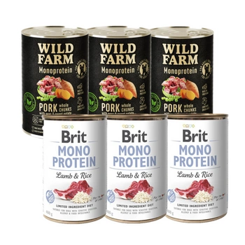 BRIT MONO PROTEIN JAHŇACIE A HNEDÁ RYŽA 3x400g + MONOPROTEÍNOVÉ BRAČOVÉ MÄSO Z WILD FARMU 3x400g