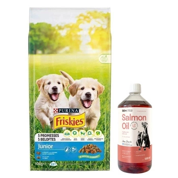 PURINA Friskies Junior 15kg & LAB V Lososový olej pre psy a mačky 1000ml