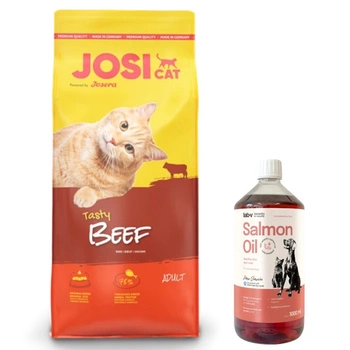 JOSERA JosiCat Tasty Beef 10kg & LAB V Lososový olej pre psy a mačky 1000ml
