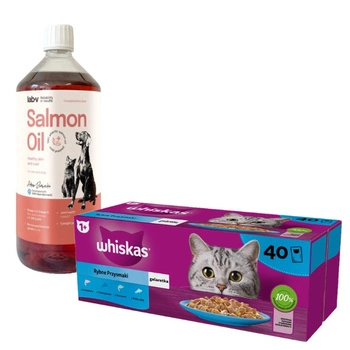 WHISKAS Adult sáčky 40 x 85 g Fishy Treats - vlhké krmivo pre dospelé mačky v želé (kúsky s: lososom, tuniakom, treskou, bielou rybou) & LAB V Lososový olej pre psov a mačky 1000ml