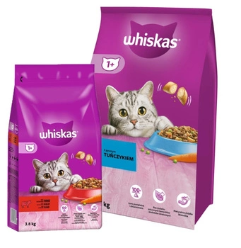 Whiskas granule s tuniakom 14 kg & WHISKAS Adult 3,8 kg - kompletné suché krmivo pre dospelé mačky, s lahodným hovädzím mäsom