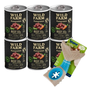 Wild Farm Monoprotein Beef 6x400g hypoalergénne krmivo pre psov & Žuvacia hračka pre psov - kosť 18 cm (náhodný vzor)