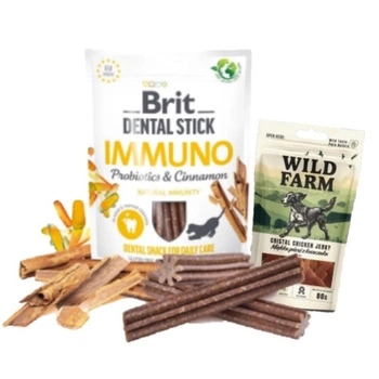 Brit Dental Stick Immuno Probiotics & Cinnamon 3x251 g & WILD FARM mäkké kuracie prsia 3x80g psia maškrta