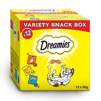DREAMIES™ Variety Snack Box – doplnkové krmivo pre mačky (s kuracou, syrovou a lososovou príchuťou) – 12x60g