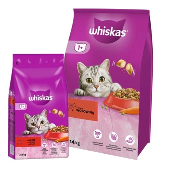 Whiskas Adult s hovädzím mäsom 14 kg & WHISKAS Adult 3,8 kg - kompletné suché krmivo pre dospelé mačky, s lahodným hovädzím mäsom