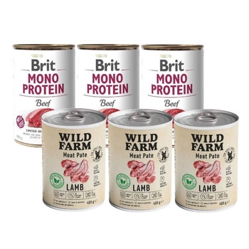 Brit mono protein beef 3x400g & WILD FARM Pate Lamb 3x400g bezlepkové krmivo pre psov