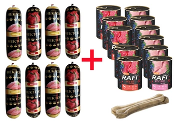 Prémiové krmivo pre psov Hektor so zmiešanými príchuťami 20x900 + 12x800g Rafi Mix+ MACED Lisovaná kosť 13cm