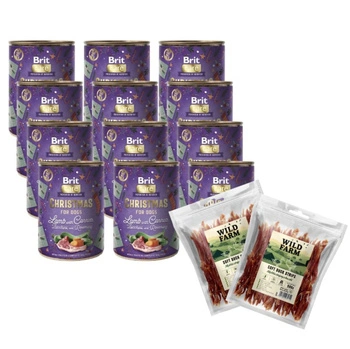 BRIT MONO PROTEIN Vianočné jahňacie s mrkvou - jahňacie mäso a mrkva 12x400 g & WILD FARM Mäkké kačacie prúžky 2x500g psia maškrta