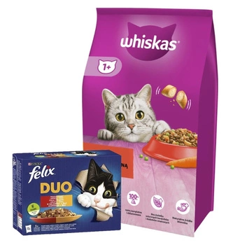 Whiskas Adult s hovädzím mäsom 14 kg & FELIX Duo vidiecke príchute v želé 12x85g