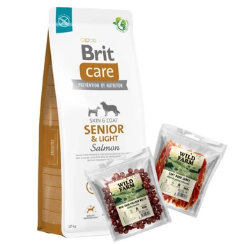 BRIT CARE Dog Grain-free Senior & Light Salmon 12kg & WILD FARM Mix príchutí 2x500g