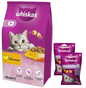 Whiskas s kuracím mäsom 14 kg + WHISKAS Relax & Relieve 2x45g pochúťka pre mačky, s kuracím mäsom Zdarma!