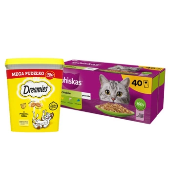 WHISKAS mixovaný výber v želé 40 x 85 g & DREAMIES Mega Box 350 g - doplnkové krmivo pre dospelé mačky s lahodným syrom