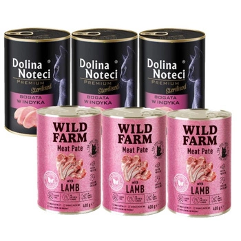DOLINA NOTECI Premium pre sterilizované mačky s vysokým obsahom morčacieho mäsa 3x400g & WILD FARM Paštéta s jahňacím mäsom 3x400g - bezlepkové krmivo pre mačky
