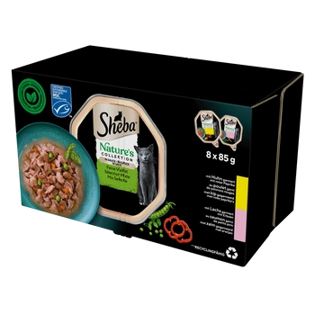 SHEBA Nature's Collection Selection of Flavours 8x85 g - vlhké kompletné krmivo pre dospelé mačky, v omáčke (kúsky s: kuracím mäsom zdobené červenou paprikou, lososom zdobeným hráškom)
