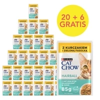 Krmivo pre mačky CAT CHOW Hairball s kuracím mäsom a zelenou fazuľkou v omáčke 85g - 20 SÁČKOV + 6 ZADARMO!!!