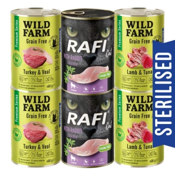 WILD FARM Premium Grain Free + Rafi 6x400g - krmivo bez obilnín pre sterilizované mačky