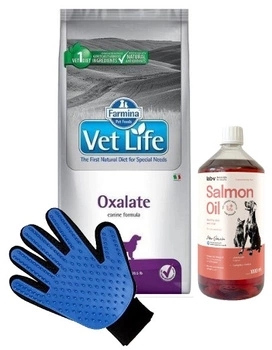 FARMINA Vet Life Dog Oxalate (Urinary) 12kg & LAB V Lososový olej pre psov a mačky 1000ml + Rukavica na česanie srsti psov a mačiek ZADARMO!