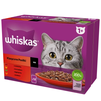 WHISKAS Adult sáčky 12 x 85 g Classic Meals - mokré krmivo pre dospelé mačky, v omáčke (kúsky s: hovädzie, kuracie, jahňacie, hydinové)