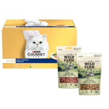 Purina Gourmet Gold krmivo pre mačky Mousse 48 x 85 g & WILD FARM 2x50g maškrty pre mačky