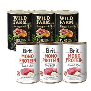 BRIT MONO PROTEIN HOVÄDZIE A HNEDÁ RYŽA 3x400g + MONOPROTEÍNOVÉ BRAČOVÉ MÄSO Z WILD FARMU 3x400g