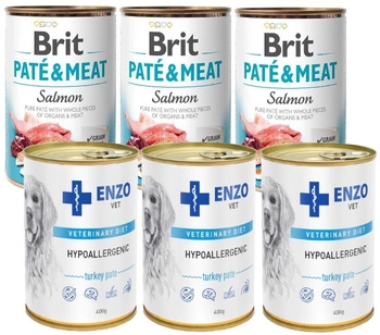 BRIT PATE & MEAT SALMON 3x400g & ENZO VET Hypoalergénne hypoalergénne krmivo s morkou pre psov 3x400g