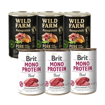 BRIT MONO PROTEIN HOVÄDZIE 3x400g + MONOPROTEINOVÉ BRAČOVÉ MÄSO Z WILD FARMU 3x400g
