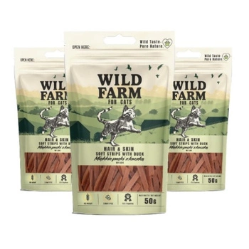 WILD FARM mäkké kačacie prúžky s hair&skin 3x50g maškrta pre mačky