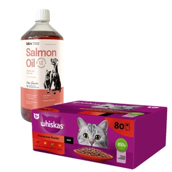 Whiskas klasický výběr ve šťávě pro dospělé kočky 80 x 85 g  46 / 5 000 & LAB V Lososový olej pre psov a mačky 1000ml