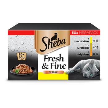 SHEBA vrecúško 50x50g Fresh & Fine - mokré krmivo pre dospelé mačky v omáčke (s kuracím mäsom, s hydinou, s morčacím mäsom)