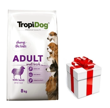 TROPIDOG Premium Adult Small Breeds s jahňacím mäsom a ryžou 8kg + prekvapenie pre vášho psa ZDARMA