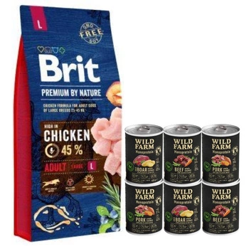 BRIT Premium By Nature Adult L 15kg & WILD FARM Monoproteínová zmes príchutí 6x400g hypoalergénne krmivo pre psov