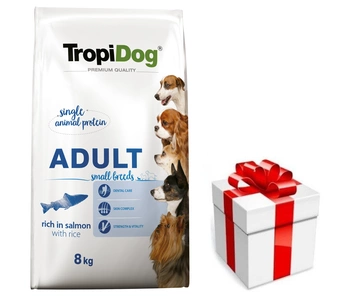 TropiDog Premium Adult SMALL BREEDS - bohatý na lososa, s ryžou 8kg + prekvapenie pre vášho psa ZDARMA