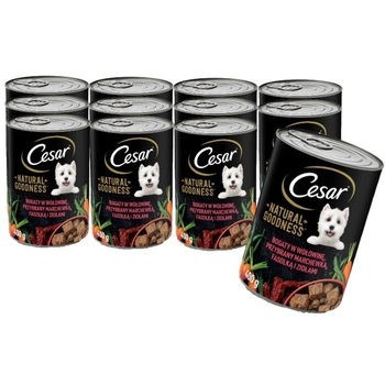CESAR konzerva 12x400g - kompletné mokré krmivo pre dospelých psov, bohaté na hovädzie mäso, zdobené mrkvou, fazuľou a bylinkami