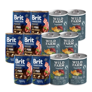 Brit Premium by Nature Pork with Trachea 6x400g + Wild Farm Superfood Beef 6x400g